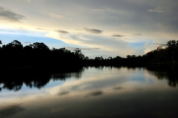 Fototapeta na wymiar sunrise with tree and clouds reflection on the lake, Angkor, Cambodia