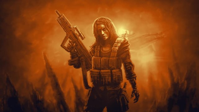 Girl warrior with assault rifle. Drawing 2d animation in sci-fi genre. Battle spaceship landing on alien planet. Horror fiction video clip. Spooky animated short film. War in space. Orange background.