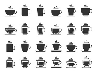 Coffee cup silhouette icons. Hot drinks cups, mug black stencil icon. Barista cup collection, black coffee beverage logo or cappuccino and espresso drink utensil. Isolated vector symbols set