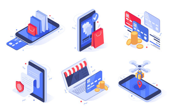 Isometric online shopping. Internet store business, digital commerce and bank card payment. Online clothes shop paying, modern stores payments app. Isolated vector illustration icons set
