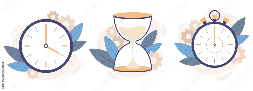 Poster clock, hourglass and stopwatch. analog watch clocks, countdown timer and time management. timekeepin