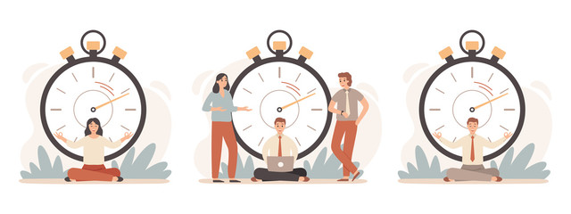 Work rate time management. Business people working with stopwatch, fast tasks and time stop. Project deadline, work time activity strategy goal isolated vector illustration icons set