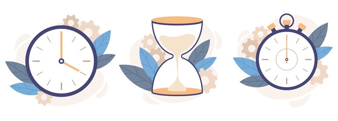 Clock, hourglass and stopwatch. Analog watch clocks, countdown timer and time management. Timekeeping alarm or timer measurement. Isolated vector illustration icons set - obrazy, fototapety, plakaty