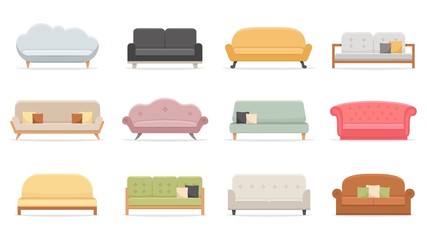 Comfortable sofas. Luxury couch for apartment, comfort sofa models and modern house sofas. Domestic couch furniture, cozy luxury fashion sofas. Flat vector isolated illustration icons set - obrazy, fototapety, plakaty