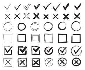 Doodle check marks. Hand drawn checkbox, examination mark and checklist marks. Check signs sketch, voting agree checklist mark or examination task list. sign Isolated vector illustration symbols set - obrazy, fototapety, plakaty