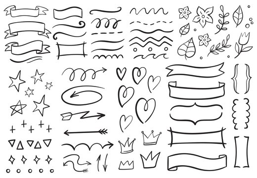 Vintage decorative doodles. Hand drawn ribbon, outline arrows and doodle holidays cards decorations. Flower, heart, star and curved lines black ink ornate. Isolated vector symbols set