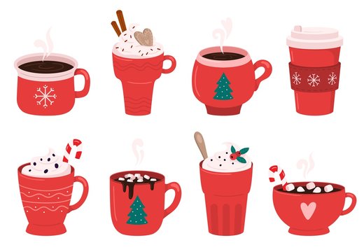 Christmas holiday coffee mug. Cocoa with marshmallows, winter warming drinks and hot espresso cup. Xmas hot chocolate mugs or winter cappuccino and latte cups. Isolated vector illustration icons set