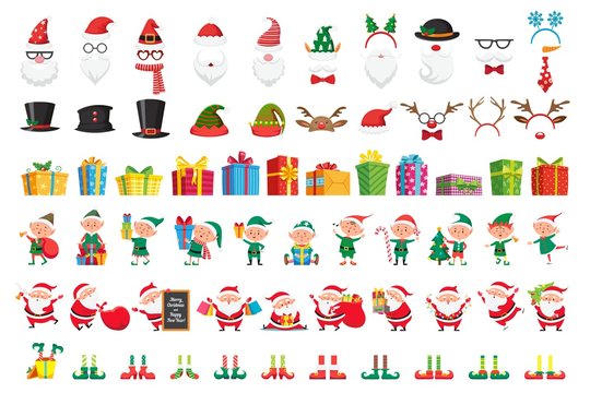 Cartoon Christmas collection. Xmas hats and New Year gifts. Santa Claus and elves helpers characters. Santas character mask, gift box, elfs legs and reindeer hat. Isolated vector icons set