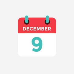 Flat icon calendar 9 December. Date, day and month. Vector illustration.