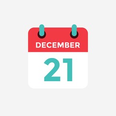 Flat icon calendar 21 December. Date, day and month. Vector illustration.
