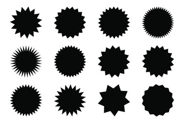 Set of vector starburst, sunburst badges. Black icons on white background. Simple flat style vintage labels, stickers. 