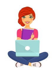 Young girl sitting hugging a book. Work, education and entertainment via the Internet. The girl with the red hair. Flat style on white background. Cartoon.