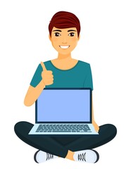 A young man gestures a big thumbs up. The gesture shows that everything is in order. Work, education and entertainment via the Internet. The guy sits with a laptop on his lap. Flat style on white back