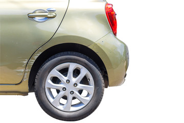Car crash. Beside the deep green color car have scratch from damage. Close up scratch. Isolate on...