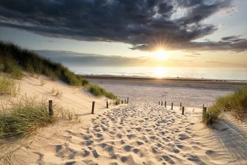 Poster de jardin Mer du Nord, Pays-Bas path on sand to North sea beach at sundown