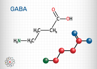 Gamma-Aminobutyric acid, GABA molecule. It is a naturally occurring neurotransmitter with central nervous system inhibitory activity. Sheet of paper in a cage.  Vector illustration