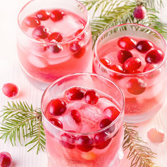 Winter non alcoholic cocktail with cranberry and ice on wooden background, closeup, top view