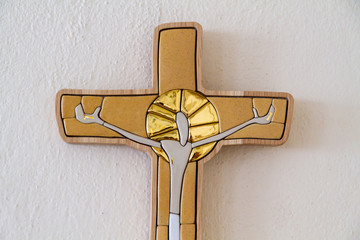 Bratislava, Slovakia. 2018/5/22. A glazed-tile mosaic of Jesus Christ in a wooden cross. The church...
