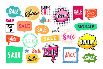 Fototapeta na wymiar Sale stickers and labels set for graphics design, marketing and product promotion. Vector illustration