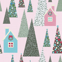 Christmas glitter village seamless pattern. Retro pink, blue and green. Snow scene with decorated trees and whimsical cardboard houses. Perfect for gift wrapping paper, tree skirts and holiday cards.