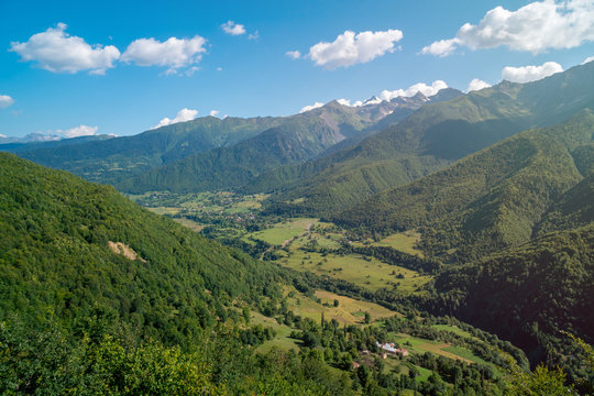 Beautiful view of small village and high mountains in upper Svaneti, Georgia.