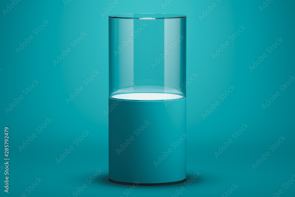 Poster modern showcase with empty space on pedestal on blue background. 3d rendering.
