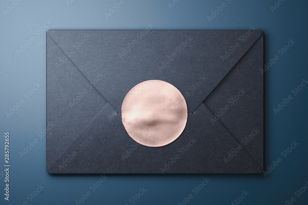 Poster black matte blank envelope with golden glossy sticker. 3d rendering. copy space. empty space.