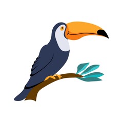 Funny and cute cartoon toucan seeting on a branch. Isolated object on white background. Flat vector illustration.