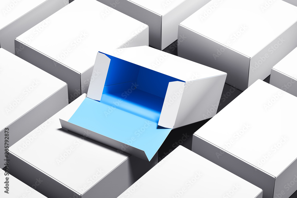Poster blank white realistic cardboard boxes and one box is opened and blue inside. 3d rendering.