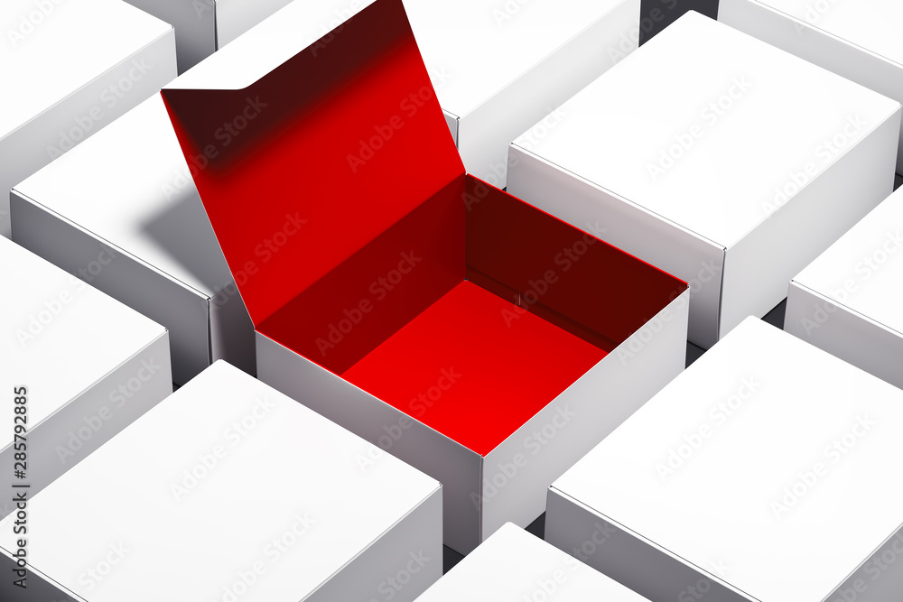 Poster blank white realistic cardboard boxes and one box is opened and red inside. 3d rendering.