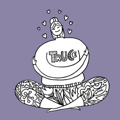 Love yourself. Truce concept. Happy girl hug herself with joy. Doodle stile character with closed eyes sitting cross legged and meditating, relaxing. Hand drawn vector time for yourself, outline.