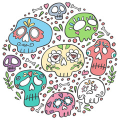 Mexican Dia de los Muertos (Day of the Dead) skull in circle. Day of Dead holiday skulls. Round icon for the party. Circle concept with sugar skulls. Pastel colors. Doodle style vector hand drawn.
