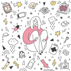 Sad, unhappy girl, young woman sitting on the floor. Depression girl doodle color. Heartbreak sad and depressed girl sitting. Depression signs and symptoms. Concept of stress, sadness, depression, met