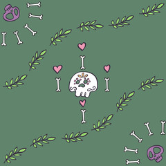 Skull ornament seamless pattern on dark background. Day of the Dead background. Mexican Dia de los Muertos holiday skulls. Leafs, bones, hearts, wave leafs. Doodle style vector hand drawn.