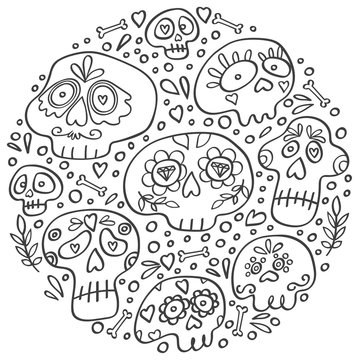 Mexican Dia de los Muertos (Day of the Dead) skull in circle. Day of Dead holiday skulls. Round icon for the party. Circle concept with sugar skulls outline. Doodle style vector hand drawn.