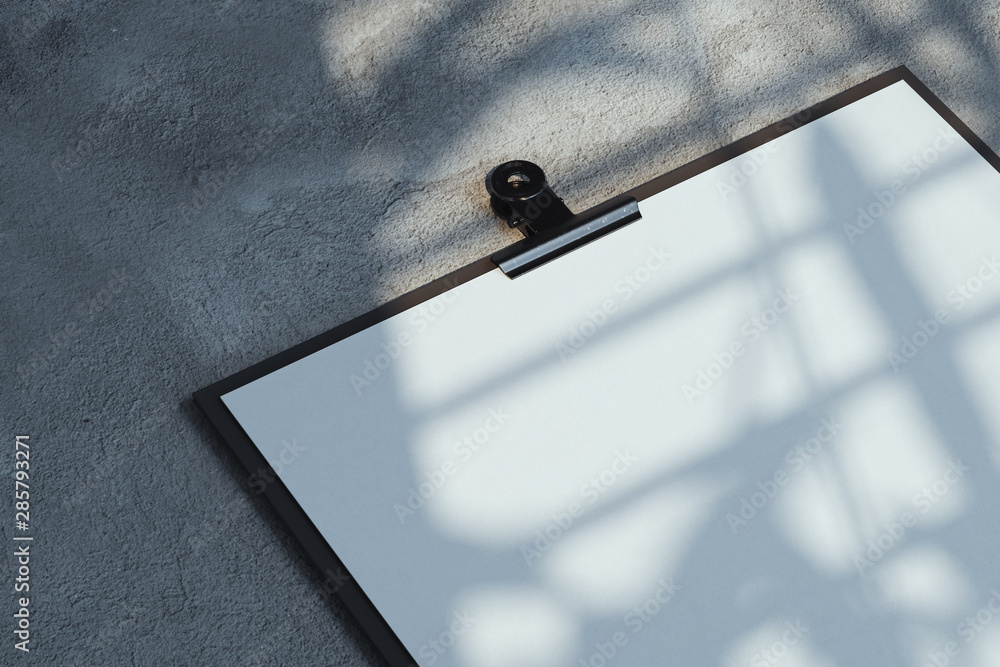 Poster realistic clipboard with blank paper sheet isolated on concrete background. 3d rendering