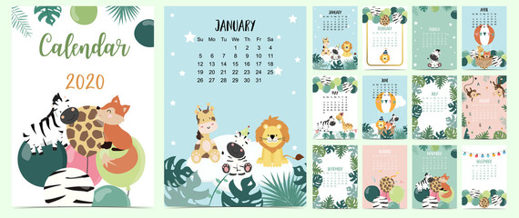 Doodle animal calendar set 2020 with gold geometric,safari,animal,leaves for children.Can be used for printable graphic.Editable element © piixypeach