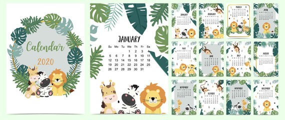 Doodle animal calendar set 2020 with gold geometric,safari,animal,leaves for children.Can be used for printable graphic.Editable element © piixypeach