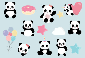Pastel animal set with panda,pandacorn,rainbow,balloon,heart illustration for sticker,postcard,birthday invitation.Editable element