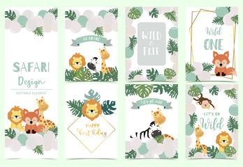 Green,gold animal collection of safari background set with lion,fox,giraffe,zebra,geometric vector illustration for birthday invitation,postcard,logo and sticker.Wording include wild one,wild and free