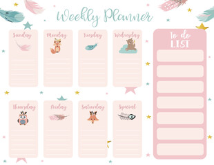 cute weekly planner background with boho,fox,bear,feather.Vector illustration for kid and baby.Editable element