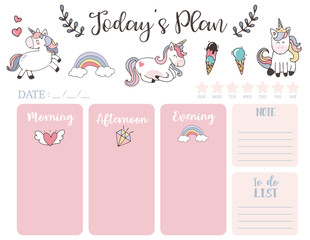 cute today plan background with unicorn,rainbow,ice cream,cloud.Vector illustration for kid and baby.Editable element