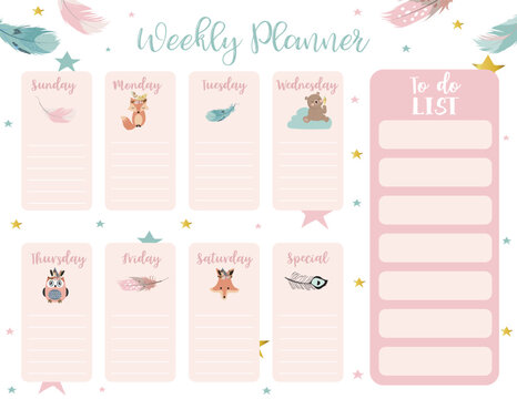 cute weekly planner background with boho,fox,bear,feather.Vector illustration for kid and baby.Editable element