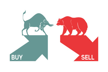Bull and bear symbols with green and red arrows, stock market and business concept. The symbol stock market of the bull and bear. Vector.
