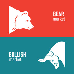 Bullish and Bearish symbols on stock market vector illustration. The symbol of the bear and the bull. The growing and falling market. Vector.