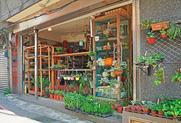 New Taipei City , Taiwan - July 28 , 2019 : Flower and plantation shop in Jiufen.
