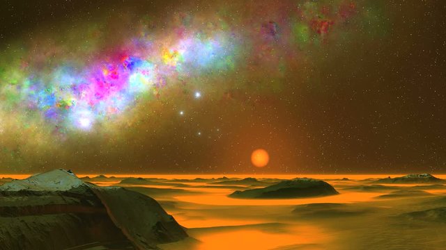 Beautiful Nebula and UFO. On a dark starry sky great colorful nebula. Bright blue objects (UFOs) quickly fly over the alien desert. Thick orange fog lies in the lowlands and on the horizon. 
