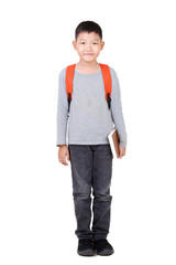 Fototapeta premium Asian Boy School kid holding book Hand up with orange backpack. Full Body isolated on White background.frantic.excited.