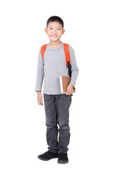 Fototapeta premium Asian Boy School kid holding book Hand up with orange backpack. Full Body isolated on White background.frantic.excited.