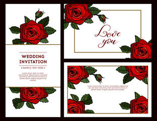 Set of Rose cards for your design. Suitable for the design of invitations or holiday cards. Vector.